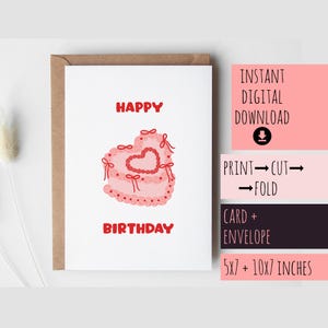 Cartão de aniversário DOWNLOAD DIGITAL Bolo vintage para impressão, Feliz aniversário para download instantâneo para sua filha, mãe, esposa, namorada