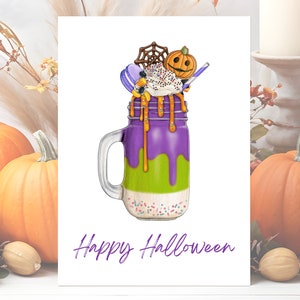 Carte d'Halloween pour enfants imprimable numérique citrouille joyeux Halloween chat fantôme illustré plié vacances téléchargement immédiat pour les enfants en bas âge