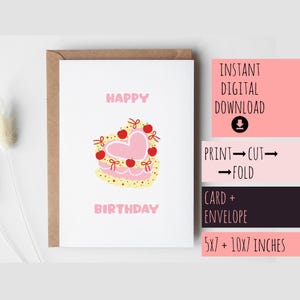 Verjaardagskaart DIGITALE DOWNLOAD Afdrukbare vintage cake, gelukkige verjaardag direct downloadbaar voor haar dochter moeder vrouw vriendin
