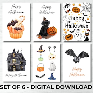 Jeu de cartes d'Halloween pour enfants imprimable numérique, chat citrouille Happy Halloween sorcière fantôme chauve-souris illustrée plié vacances PDF téléchargement immédiat