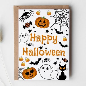 Carte d'Halloween pour enfants imprimable numérique citrouille joyeux Halloween chat fantôme illustré plié vacances téléchargement immédiat pour les enfants en bas âge