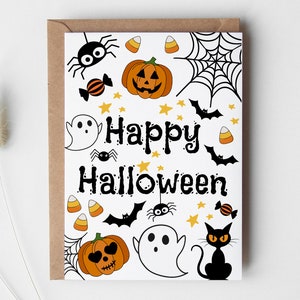 Carte d'Halloween pour enfants imprimable numérique citrouille joyeux Halloween chat fantôme illustré plié vacances téléchargement immédiat pour les enfants en bas âge