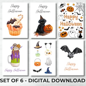 Zestaw kartek na Halloween dla dzieci DO DRUKU CYFROWE, Kot Dynia Szczęśliwe Halloween Wiedźma Duch Nietoperz Ilustrowany Składany Świąteczny PDF Natychmiastowe Pobieranie