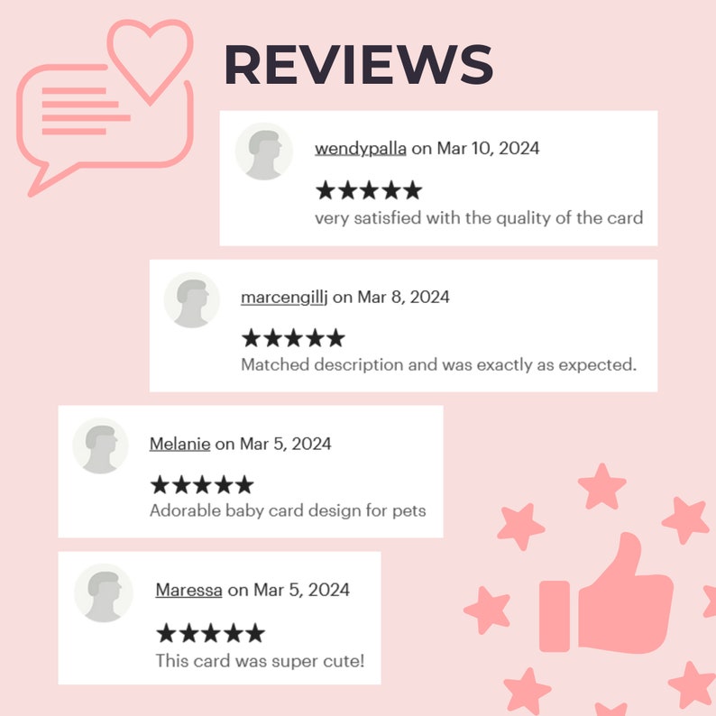 May include: A pink background with the word "REVIEWS" in black text. Four customer reviews are displayed with a star rating and a comment. The reviews are from Wendy, Marc, Melanie, and Maressa.