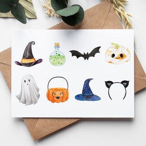 Karta Halloween dla dzieci DO DRUKU CYFROWA, Dynia Szczęśliwego Halloween Wiedźma Duch Nietoperz Ilustrowany Składany Świąteczny PDF Natychmiastowe Pobieranie