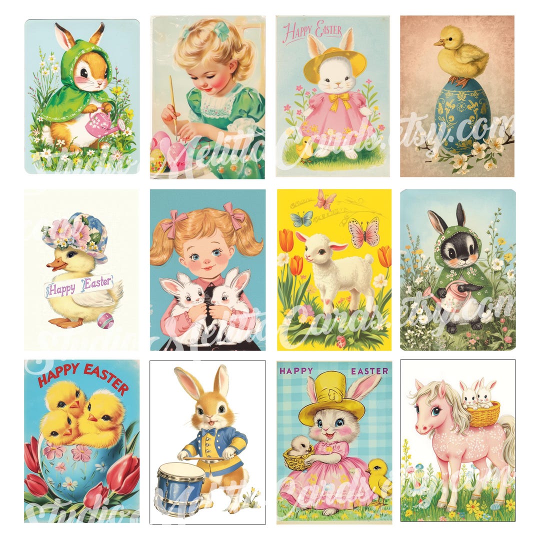 Vintage Kitsch Easter Card Images – Bunnies, Lambs, Chicks (digital ...