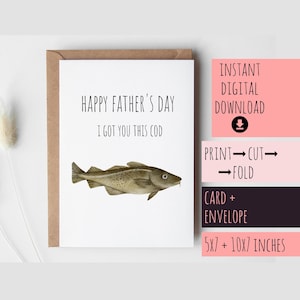 Tarjeta del Día del Padre: Pescador pescando para papá, imprimible, regalo para papá, descarga digital, divertida, de hija, hijo, niños, con sobre, juego de palabras de bacalao