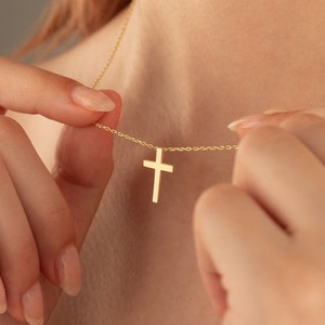 14K Gold Tiny Cross Necklace | Simple Dainty Cross Pendant | Minimalist Flat Cross | Everyday Faith Jewelry | Baptism Gift For Her