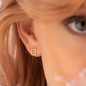 14K Solid Gold Minimalist Geometric Stud Earrings - Minimalist Square Earrings - 14K Hexagon Earrings - 14K Gold Circle - Christmas Gifts