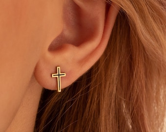 14K Solid Gold Black Cross Studs Earrings - Minimalist Cross Earrings - 14K Gold Enamel Cross Earrings - Religious Gifts - Gift For Him