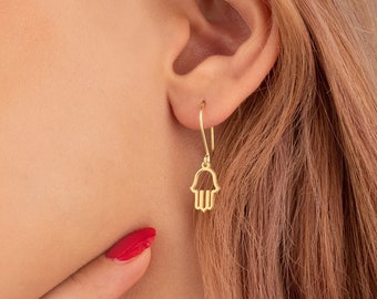 14K Hand of Fatima Dangle Earrings - Hamsa Stud Earrings - Layered Protection Earrings - Fatima Earrings - Hamsa Jewelry - Gift for Her