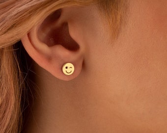 14K Solid Gold Wink Emoji Earrings - Face Stud Earrings - Smile Emoji Earrings - Winking Emoji Earrings - Best friend Gift - Gift for Her