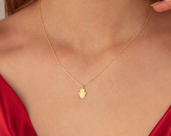 Collana Hamsa in oro massiccio 14K - Collana minimalista mano di Fatima in oro 14K - Collana malocchio - Fascino di protezione - Gioielli in vero oro