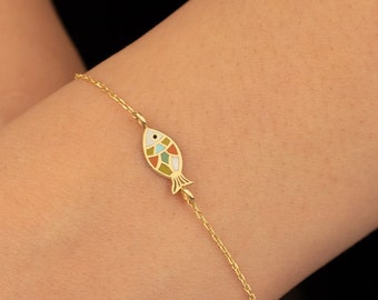 14K Solid Gold Multicolored Fish Bracelet - Real Gold Tiny Fish Bracelet - Bracelet For Women - Minimalist Bracelet - Gift For Her