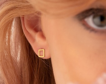 14K Solid Gold Minimalist Geometric Stud Earrings - Minimalist Square Earrings - 14K Hexagon Earrings - 14K Gold Circle - Christmas Gifts