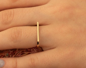 14K Solid Gold Very Slim Bar Rings - Gold Rectangle Tiny Ring - 14K Gold Jewellery - Vintage Design Rings - Rings For Men - Gift for Her