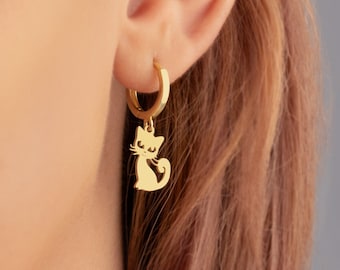 14K Solid Gold Cat Earrings - Cat Lover's Gifts - Best Friend Gifts - Friendship Stud - Minimalist Cat Stud - 14K Real Gold - Gitf for Her