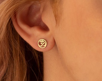 14K Solid Gold Tiny Om Earring - Stud Aum Earring - Om Sanskrit Symbol - Yoga Jewelry - Hinduism Jewelry - Mantra Earring - Gift for Her