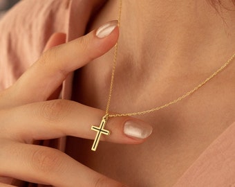 14K Solid Gold Cross Necklace - 14K Gold Enamel Cross Necklace - Dainty Handmade Gold Cross Necklace - Religious Jewellery Gifts