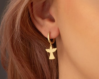 Orecchini a cerchio con angelo e ali in oro massiccio 14K - Orecchini a bottone con angelo delicato - Orecchini angelo custode 14K - Regali in oro 14K - Regali di Natale