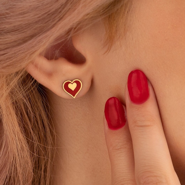 14K Solid Gold Hearts Studs Earrings - Minimalist 9mm Heart Earlobe Earring - 14K Gold Red Heart Earring - Earrings for Women - Gift For Her