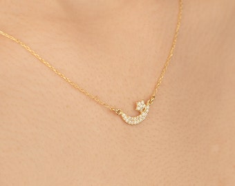 14K Solid Gold Diamant Halbmond & Stern Halskette - 14K Gold Halbmond Anhänger - Gold Celestial Halskette - Halskette für Frauen - Geschenk für sie