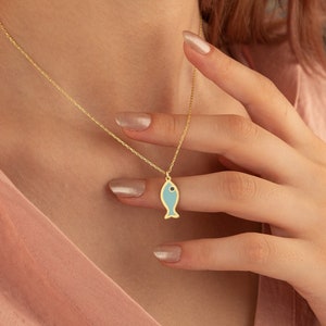 14K Solid Gold Little Turquoise Fish Necklace - Real Gold Tiny Fish Lucky Charm - 14K Gold Symbol Charm - Good Luck Jewellery - Gift for Her