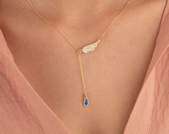 14K Gold Wing Lariat Necklace - 14K Gold Mother Of Pearl Necklace - Dark Blue Enamel Drop Y Necklace - Christmas Gifts - Gift For Her