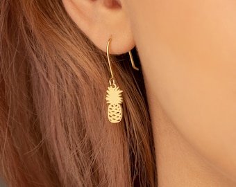 14K Solid Gold Tiny Peace Pineapple Earrings - Party Earrings - Stud Earrings - Second Hole Earrings - Minimalist Earrings - Fruit Jewelry