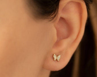 14K Gold Minimalist Diamond Butterfly Studs - Minimalist Earrings With CZ Stone - 14K Butterfly Earrings - Earrings for Women - Gift For Her