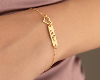 14K Solid Gold Personalized Name Bar Bracelet With Heart - Gold Name & Heart - Name Tag Bracelet - Custom Name Bracelet - Personalized Gifts