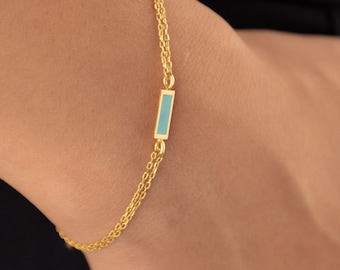 14K Solid Gold Turquoise Bar Bracelet - Real Gold Tag Double Chain Bracelet - Bracelet For Women - Minimalist Bracelet - Gift For Her