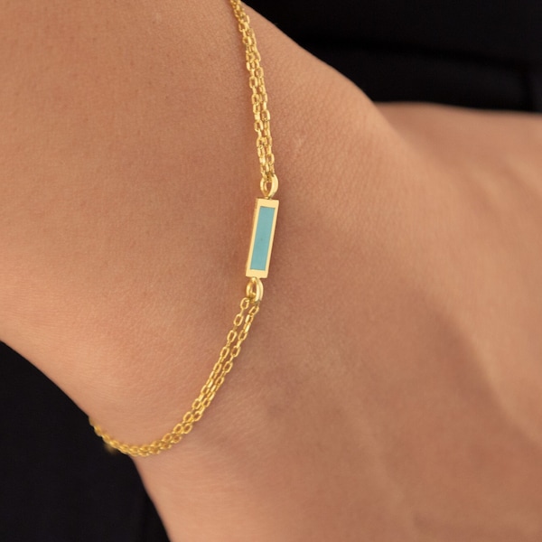 14K Solid Gold Turquoise Bar Bracelet - Real Gold Tag Double Chain Bracelet - Bracelet For Women - Minimalist Bracelet - Gift For Her