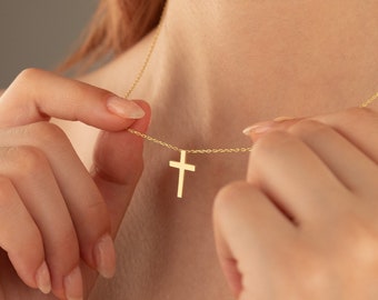 14K Solid Gold Tiny Cross Necklace - 14K Gold Simple Cross Necklace - Dainty Handmade Gold Cross Necklace - Religious Jewellery Gifts