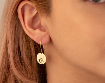 14K Solid Gold Flower Dangle Earrings - Disc Flower Earrings - Flower Earrings - 14K Gold Jewellery - Earrings for Women - Gift For Mother