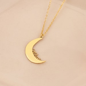 14K Solid Gold Custom Moon Name Necklace 14K Gold Custom Name Necklace Crescent Name Necklace Custom Name Necklace Personalized Gift image 1