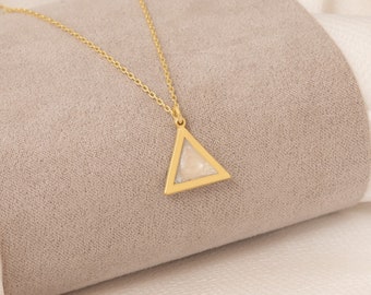 14K Gold Mother Of Pearl Triangle Necklace - 14K Gold Enamel Geometric Necklace - Solid Gold Elegant Triangle Necklace - 14K Gold Jewellery