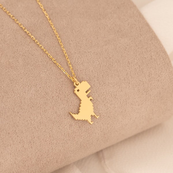 Collier de dinosaure Little T-Rex en or massif 14K - Charme Dino en or véritable - Pendentif drôle en or 14K - Collier de joueur sans Internet - Cadeau pour les enfants