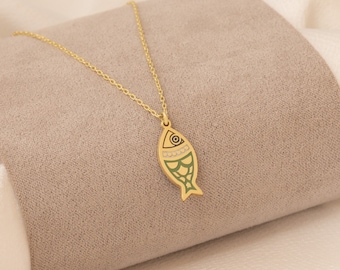 14K Solid Gold Green Necklace - Real Gold Fish Lucky Charm - 14K Gold Abundance Symbol - Good Luck Jewellery - Gift for Her