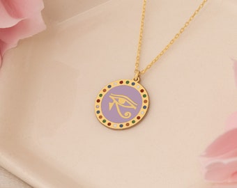 14K gouden Horus-ooghanger - 14K gouden ketting met Egyptische mythologische symbolen - oog van Horus-bedel - beschermingsbedel - echt gouden sieraden