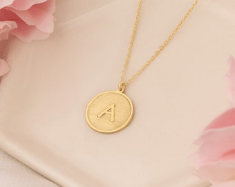 14K Solid Gold Coin With Initial Necklaces - 14K Gold Personalized Initial Disc Necklace - Personalized Gift - Name Jewellery