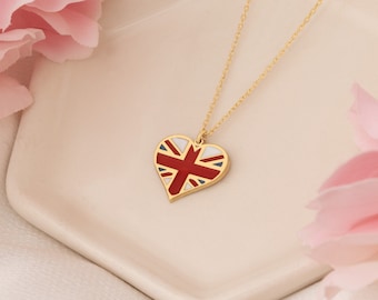 14K Solid Gold United Kingdom Love Flag Necklace - 14K Gold UK Flag Necklace - National Flag Pendant - Gold England Necklace - Britain Flag