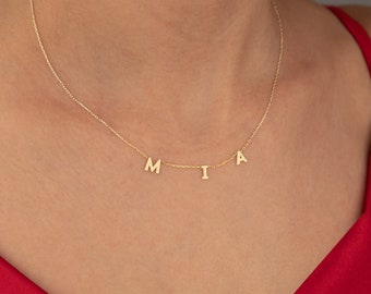 14K Solid Gold Minimalist Custom Initials Necklaces - Gold Custom Letter Choker- Spaced Letter Necklace - Personalized Gift - Name Jewellery