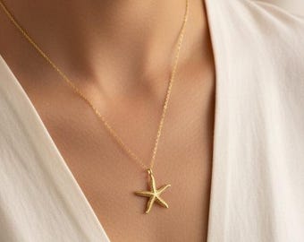 14K gouden zeesterketting - Minimalistische gouden gelukshanger in de vorm van een zeester - Gelukssieraad - Cadeau voor haar - Cadeau voor hem, cadeau voor liefhebbers van het zeeleven