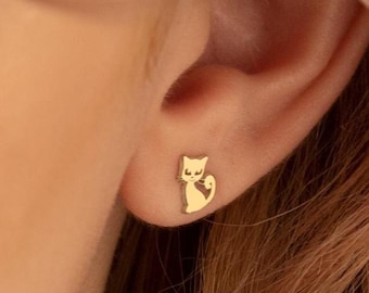 Aretes de gato feliz en oro de 14 quilates - Aretes de aro para amantes de los gatos - Regalo a juego para mejores amigos - Aretes de amistad - Aretes de gato minimalistas
