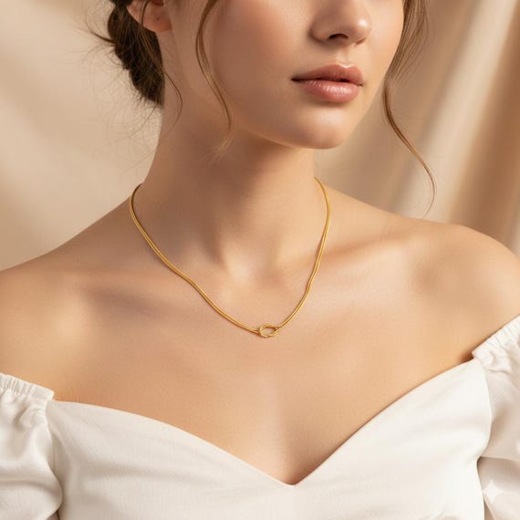 14K Gold Love Knot Necklace, Minimalist Double Snake Chain Necklace, Christmas Gift For Love