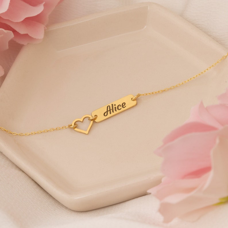 14K Solid Gold Personalized Name Bar Bracelet With Heart Gold Name & Heart Name Tag Bracelet Custom Name Bracelet Personalized Gifts image 2