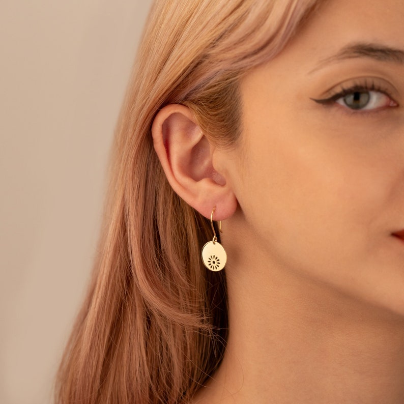 14K Solid Gold Flower Dangle Earrings Disc Flower Earrings Flower Earrings 14K Gold Jewellery Earrings for Women Gift For Mother image 1