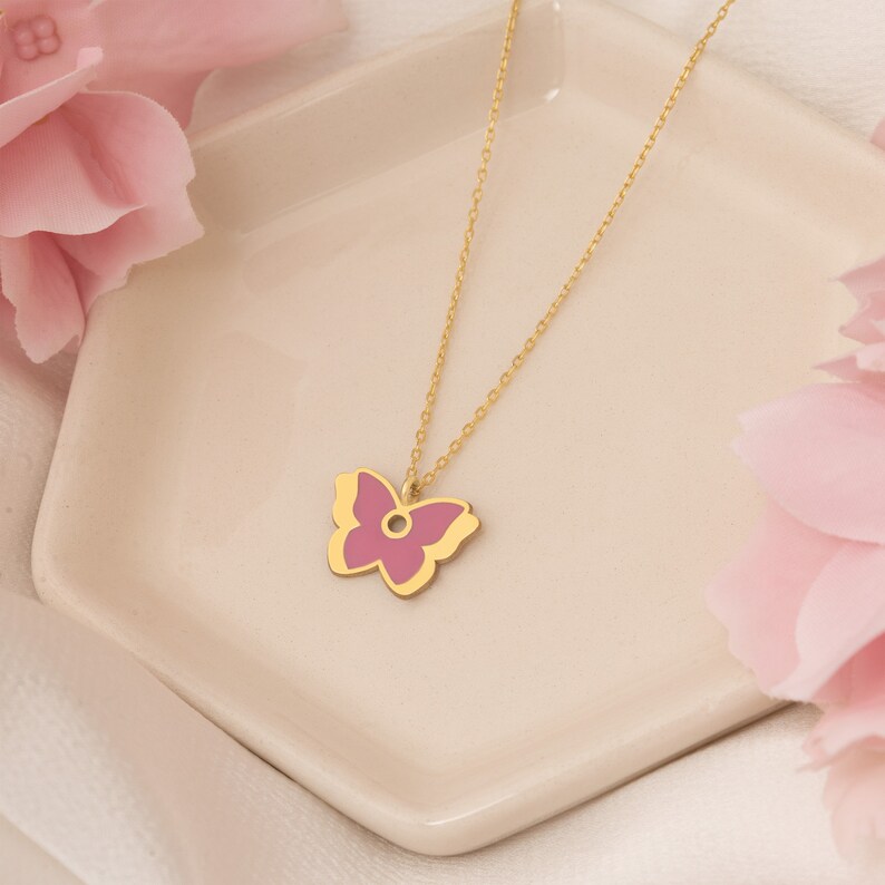 14K Solid Gold Pink Enamel Butterfly Necklace Real Gold Buterfly Gifts Enamel Butterfly Pendant Butterfly Necklace Gift For Mother image 2
