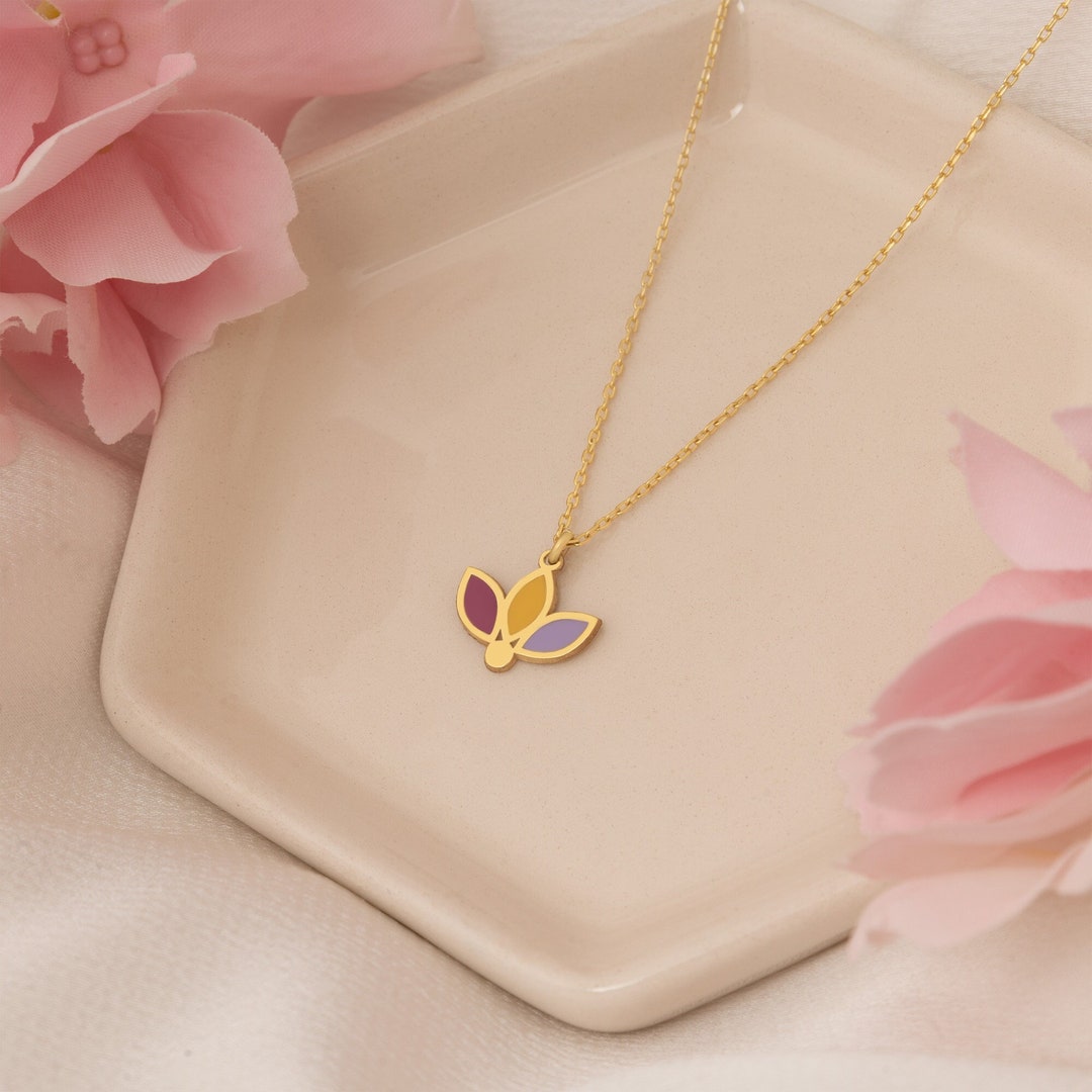 14K Gold 3 Leaf Lotus Necklace Real Gold Lotus Flower Etsy